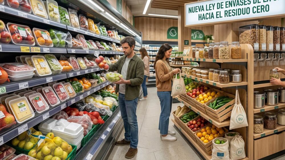 "Infografía supermercado sostenible nueva ley envases Unión Europea 2030".