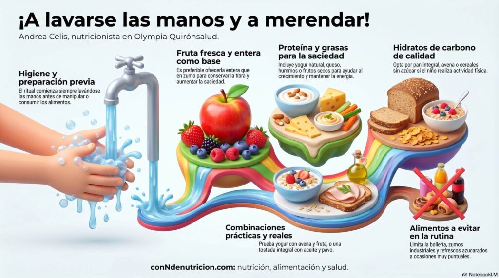 Una merienda equilibrada debe basarse en alimentos frescos, poco procesados y, siempre que sea posible, de temporada.