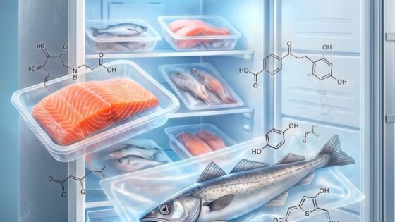 Filetes de pescado conservados en envases de plástico dentro de un frigorífico.