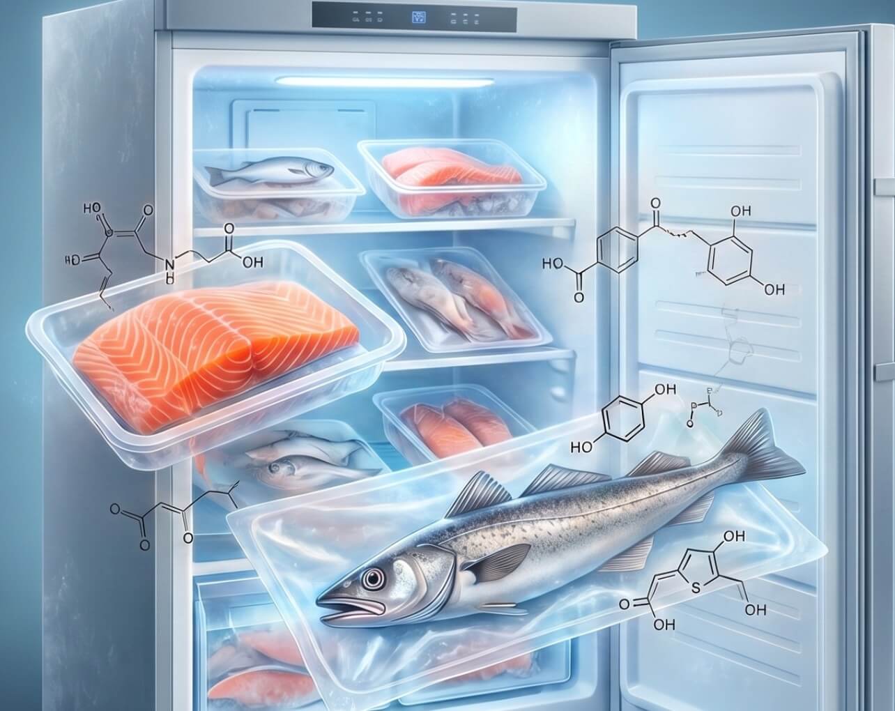 Filetes de pescado conservados en envases de plástico dentro de un frigorífico.
