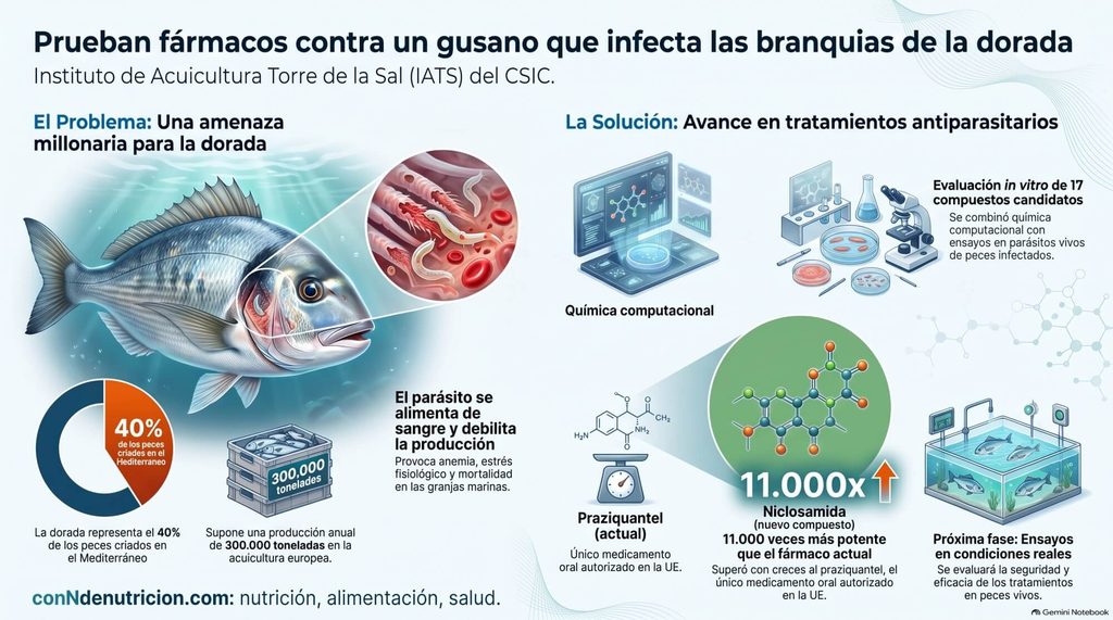 Un estudio liderado por el Instituto de Acuicultura Torre de la Sal (IATS), del Consejo Superior de Investigaciones Científicas (CSIC) ha identificado varios compuestos con gran actividad antiparasitaria frente a Sparicotyle chrysophrii, un gusano que infecta las branquias de la dorada y provoca importantes pérdidas económicas en la acuicultura mediterránea.